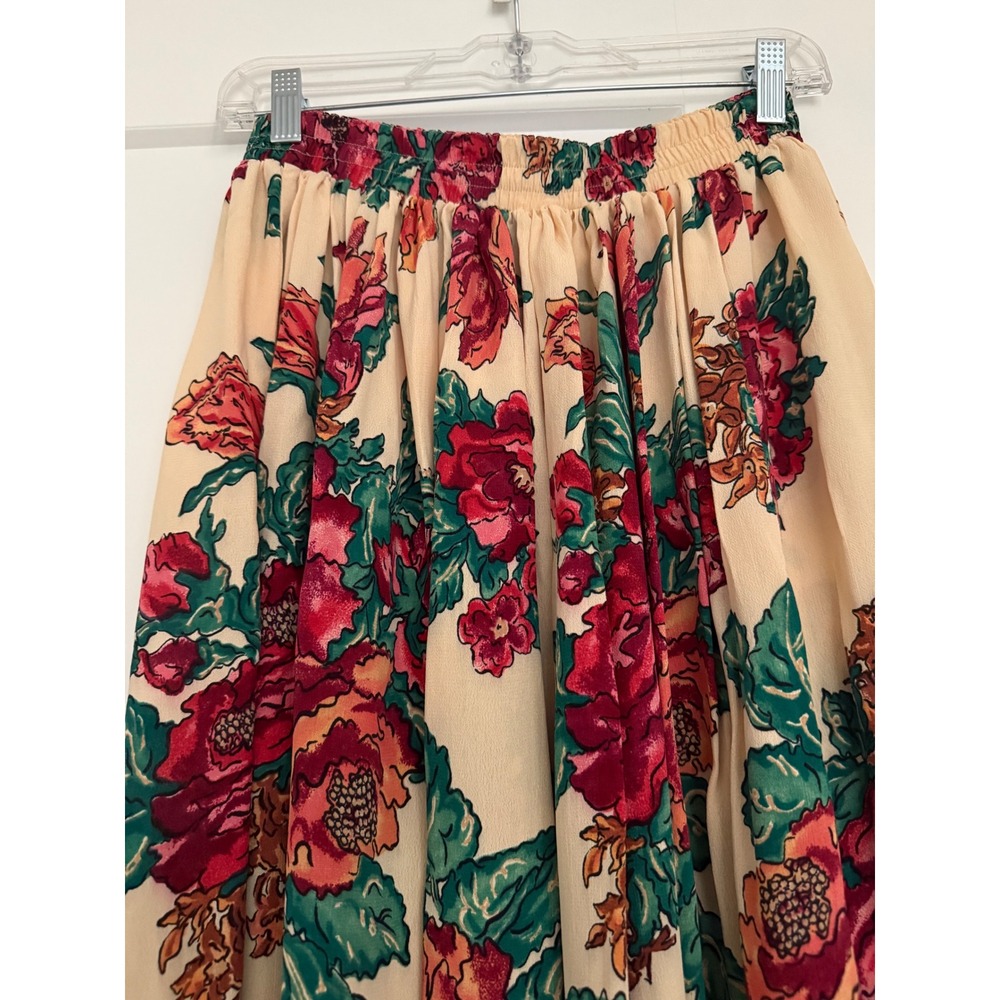 Carol Little Vintage Floral Maxi Skirt Red Green Cream Crepe Made in USA Size 12 - Picture 3 of 13